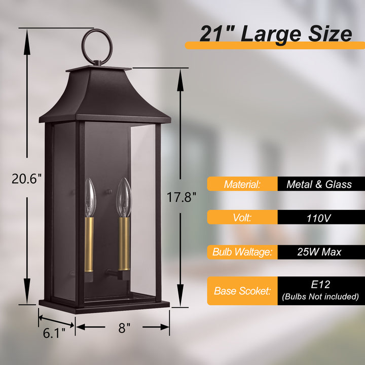 Montpelier Dusk to Dawn Outdoor Wall Lantern 2-Light, 21" Large Outside Wall Sconce, Modern Black Wall Light Fixture with Glass, Waterproof Exterior Lamp for House, Porch, Garage #MX7008