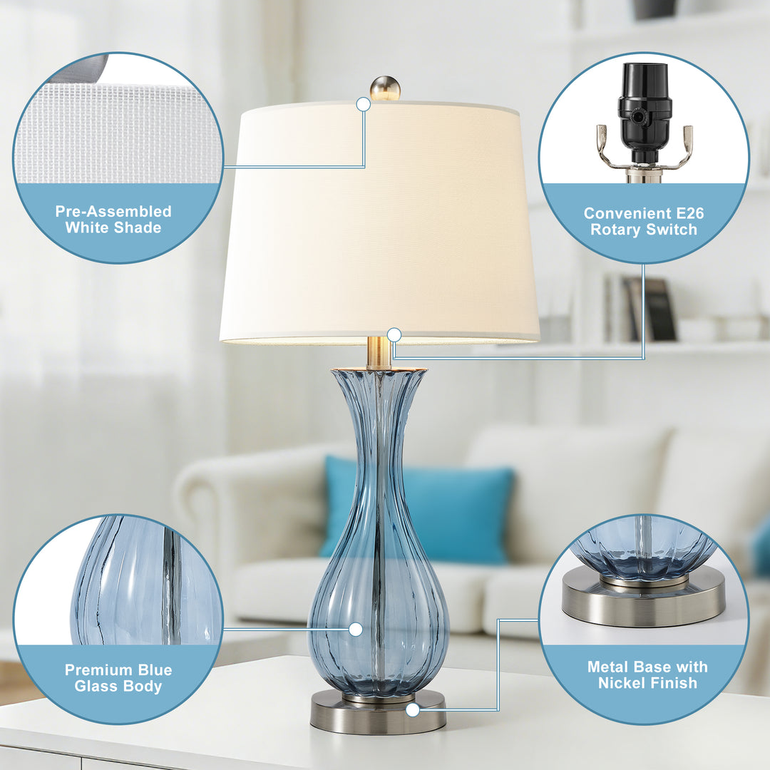 Maxax Coastal Glass Table Lamps Set of 2，Modern 25.5" Clear Glass Bedside Lamps with White Shade for Bedroom Living Room #T78