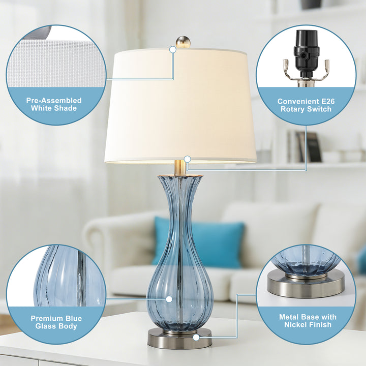 Maxax Coastal Glass Table Lamps Set of 2，Modern 25.5" Clear Glass Bedside Lamps with White Shade for Bedroom Living Room #T78