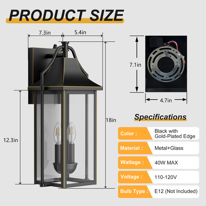 Lawyettle 18" Outdoor Wall Lantern with Dusk to Dawn Sensor, 2-Light Waterproof Brown Wall Sconce with Glass for Porch, Garage, Front Door, Patio #7040