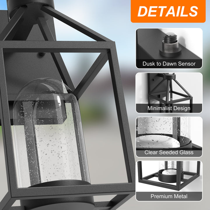 1-Light 14'' Iron And Glass Led Led Outdoor Wall Lantern With Dusk To Dawn #7053-1BK