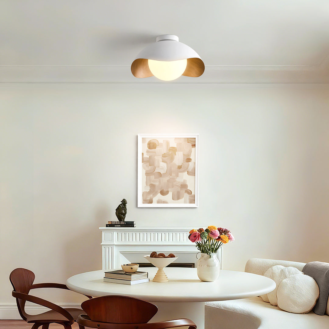 Nimbus 15.5" 1-Light Modern Globe Flush Mount Ceiling Light With Opal Glass, Matte Black/White Exterior & Gold Interior Shell-Style Dimmable Shade For Bedroom Or Hallway #29029