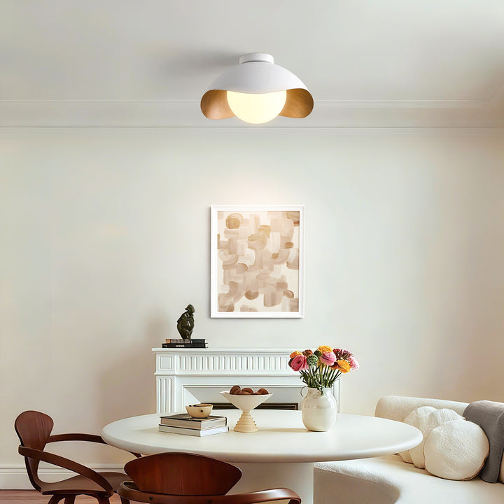 Nimbus 15.5" 1-Light Modern Globe Flush Mount Ceiling Light With Opal Glass, Matte Black/White Exterior & Gold Interior Shell-Style Dimmable Shade For Bedroom Or Hallway #29029