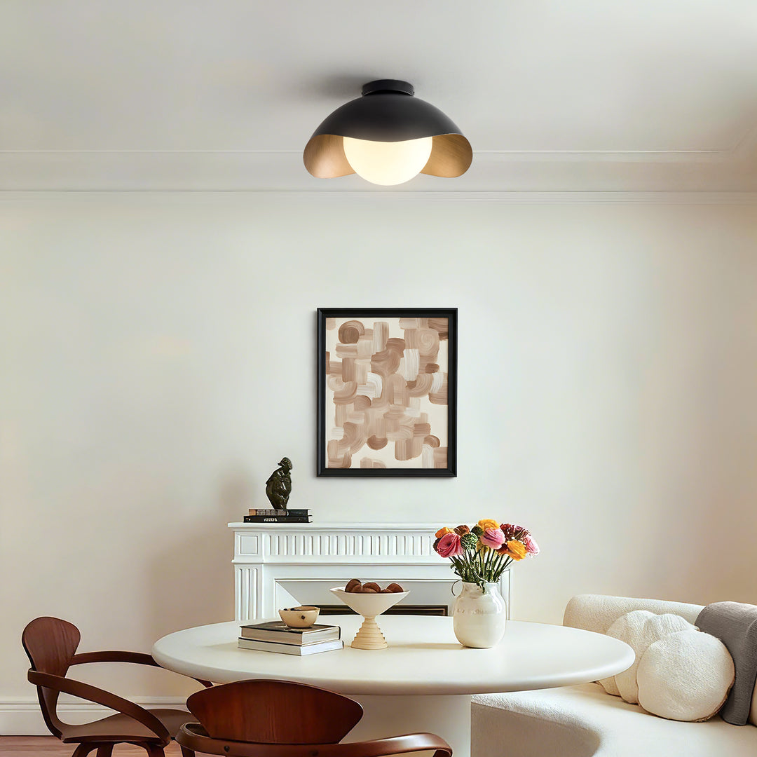 Nimbus 15.5" 1-Light Modern Globe Flush Mount Ceiling Light With Opal Glass, Matte Black/White Exterior & Gold Interior Shell-Style Dimmable Shade For Bedroom Or Hallway #29029