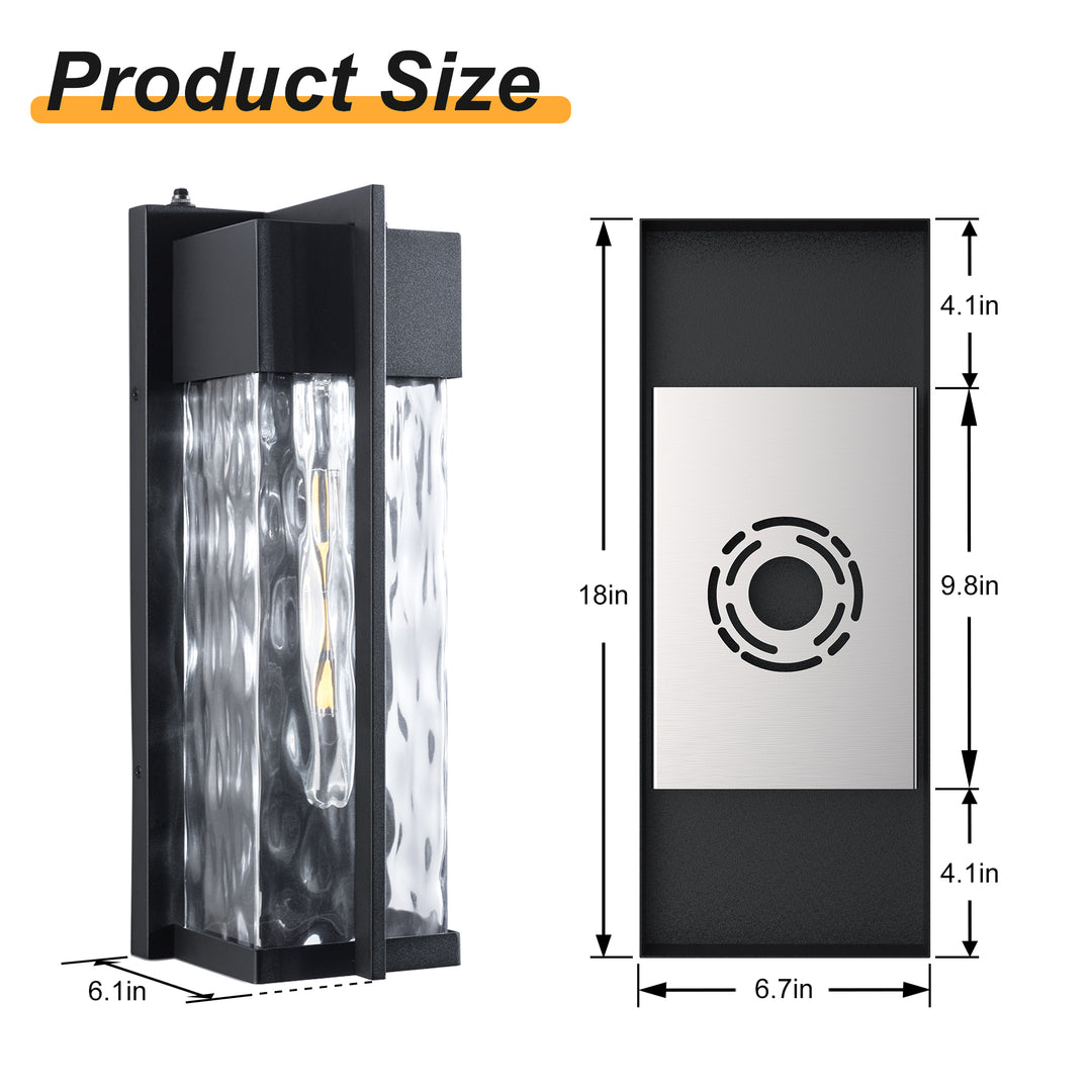 Solstice 1 - Light(Bulb Include) 𝟭𝟴-𝗜𝗡𝗖𝗛 Matte Black Iron and Water Ripple Glass Outdoor Wall Light with Dusk to Dawn #7062