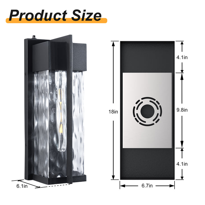 Solstice 1 - Light(Bulb Include) 𝟭𝟴-𝗜𝗡𝗖𝗛 Matte Black Iron and Water Ripple Glass Outdoor Wall Light with Dusk to Dawn #7062