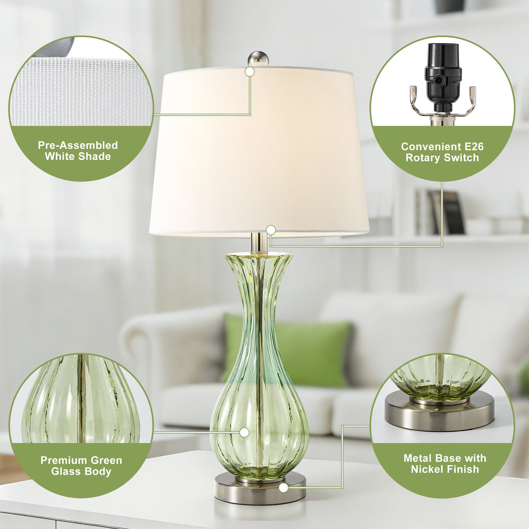 Maxax Coastal Glass Table Lamps Set of 2，Modern 25.5" Clear Glass Bedside Lamps with White Shade for Bedroom Living Room #T78