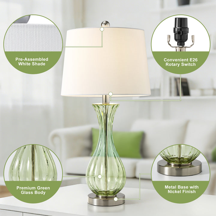 Maxax Coastal Glass Table Lamps Set of 2，Modern 25.5" Clear Glass Bedside Lamps with White Shade for Bedroom Living Room #T78