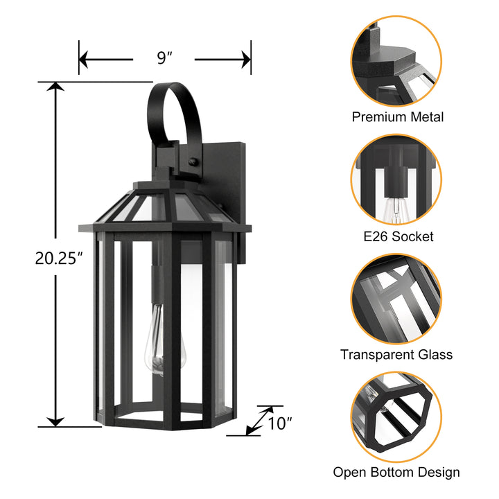 Solstice 1-Light 𝟮𝟬-𝗜𝗡𝗖𝗛 Black Iron Outdoor Wall Lantern With Tempered Glass #7068