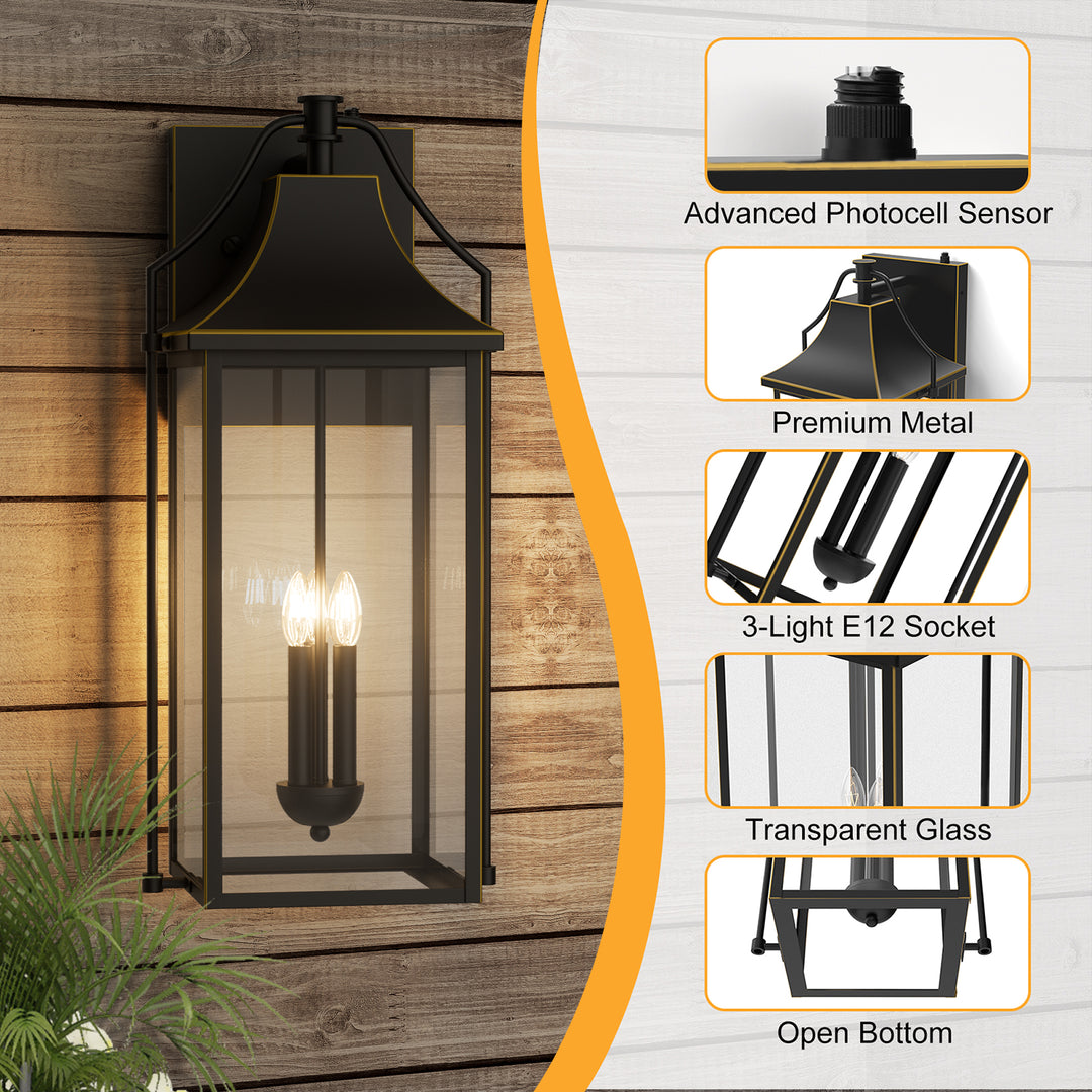 Lawyettle 18" Outdoor Wall Lantern with Dusk to Dawn Sensor, 2-Light Waterproof Brown Wall Sconce with Glass for Porch, Garage, Front Door, Patio #7040