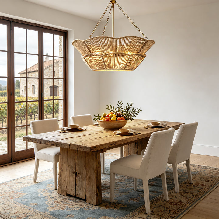 Shine 32" Polished Brass Tiered Drum Chandelier with Hand Woven Rope Shade for Dining Room & Bedroom #48010