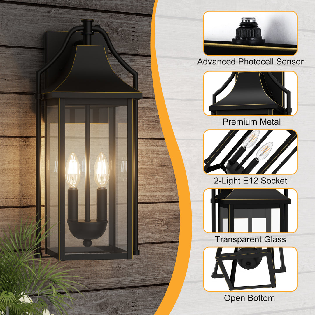 Lawyettle 18" Outdoor Wall Lantern with Dusk to Dawn Sensor, 2-Light Waterproof Brown Wall Sconce with Glass for Porch, Garage, Front Door, Patio #7040