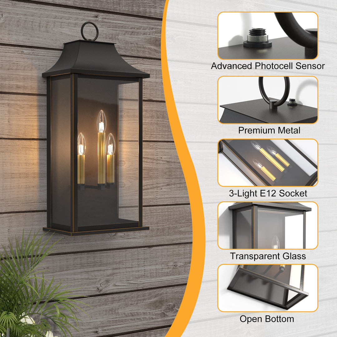 Lawyettle Dusk to Dawn Outdoor Wall Light 3-Light, 25" Large Outdoor Light Fixture, Black Exterior Wall Lantern, Waterproof Outside Wall Sconce for House Porch Patio #7008