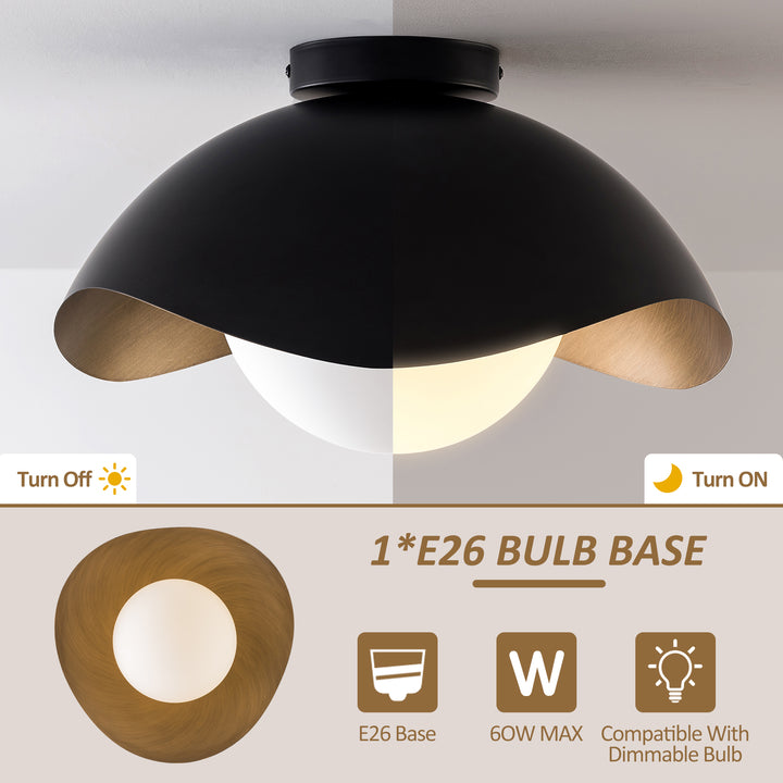 Nimbus 15.5" 1-Light Modern Globe Flush Mount Ceiling Light With Opal Glass, Matte Black/White Exterior & Gold Interior Shell-Style Dimmable Shade For Bedroom Or Hallway #29029