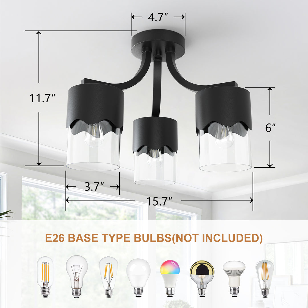 Glimmer 15.75 "- 3 Lights Modern Cluster Brushed Brass/Matte Black/Brushed Nickel Semi Flush Mount Lighting Fixture For Hallway/Laundry Room #29036