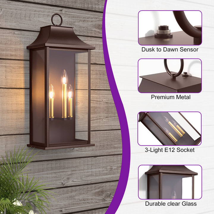 Maxax 25-Inch Bronze Outdoor Wall Lantern, 3-Light Dusk to Dawn Outdoor Wall Sconce for Porch, Patio #7008