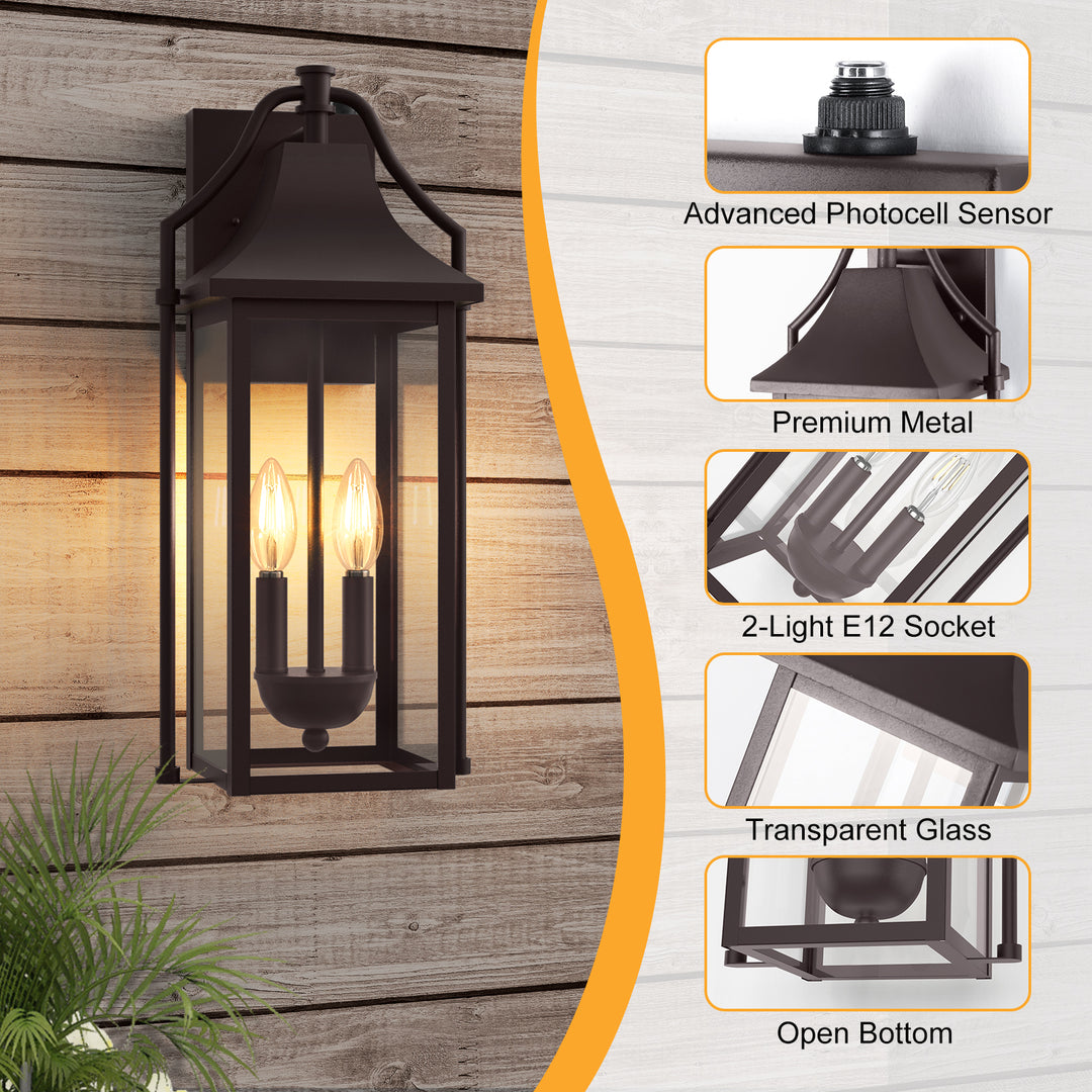Lawyettle 18" Outdoor Wall Lantern with Dusk to Dawn Sensor, 2-Light Waterproof Brown Wall Sconce with Glass for Porch, Garage, Front Door, Patio #7040
