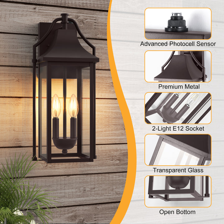 Lawyettle 18" Outdoor Wall Lantern with Dusk to Dawn Sensor, 2-Light Waterproof Brown Wall Sconce with Glass for Porch, Garage, Front Door, Patio #7040