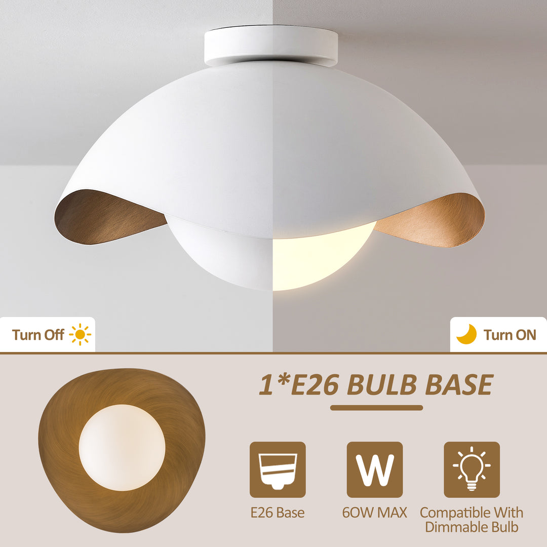 Nimbus 15.5" 1-Light Modern Globe Flush Mount Ceiling Light With Opal Glass, Matte Black/White Exterior & Gold Interior Shell-Style Dimmable Shade For Bedroom Or Hallway #29029