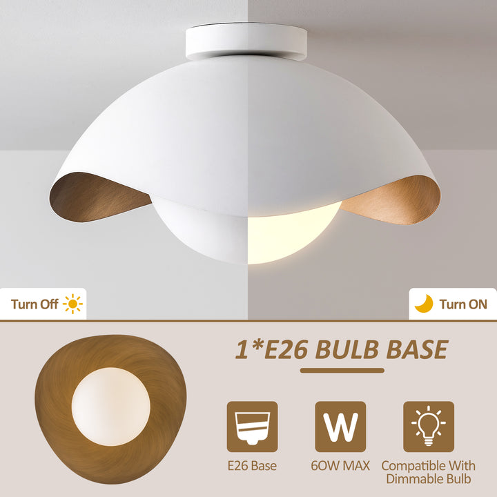 Nimbus 15.5" 1-Light Modern Globe Flush Mount Ceiling Light With Opal Glass, Matte Black/White Exterior & Gold Interior Shell-Style Dimmable Shade For Bedroom Or Hallway #29029