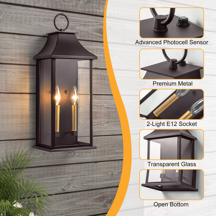 Montpelier Dusk to Dawn Outdoor Wall Lantern 2-Light, 21" Large Outside Wall Sconce, Modern Black Wall Light Fixture with Glass, Waterproof Exterior Lamp for House, Porch, Garage #MX7008