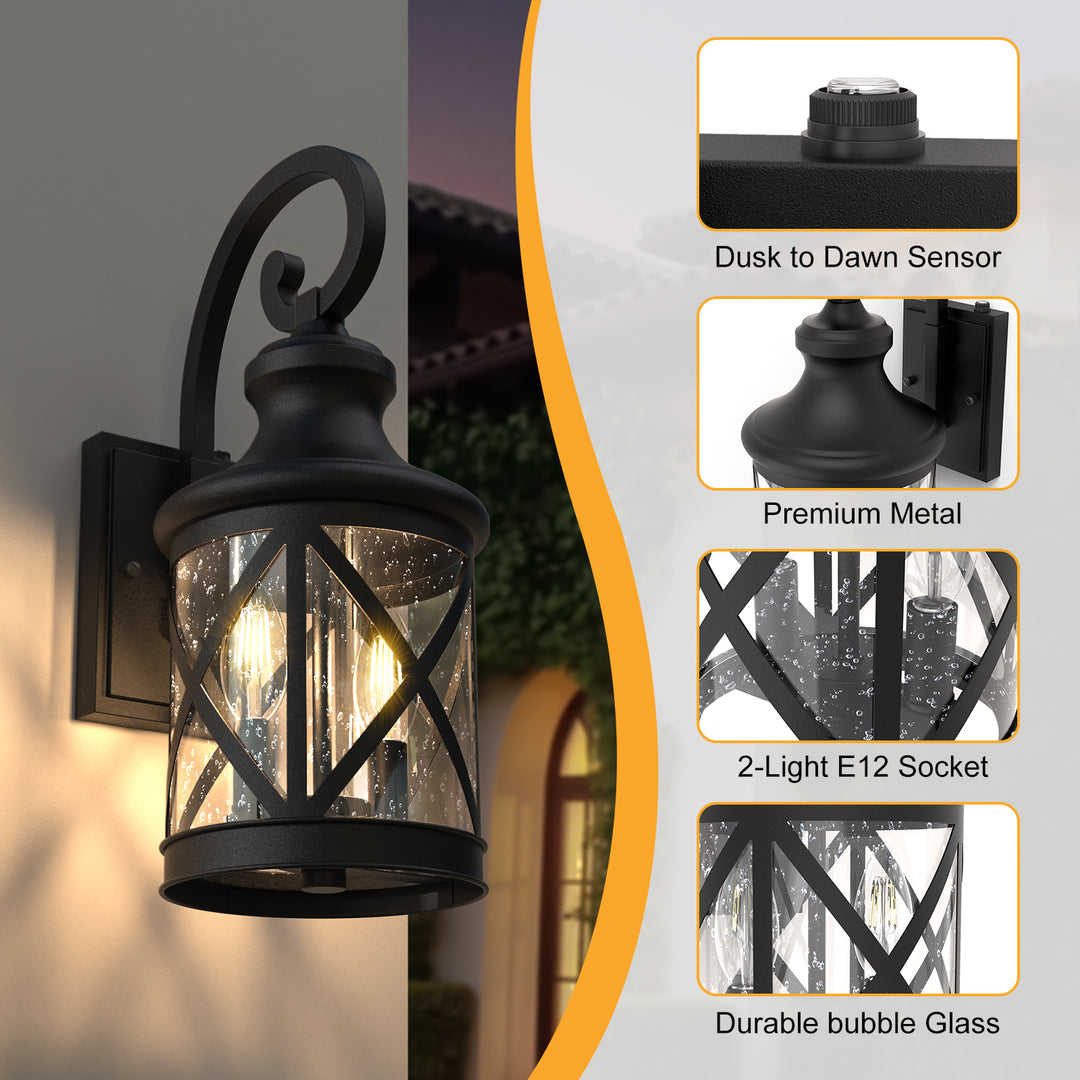 2 - Light 17''H Black Iron and Aluminum Seeded Glass Etl Outdoor Wall Lantern with Dusk to Dawn #7017