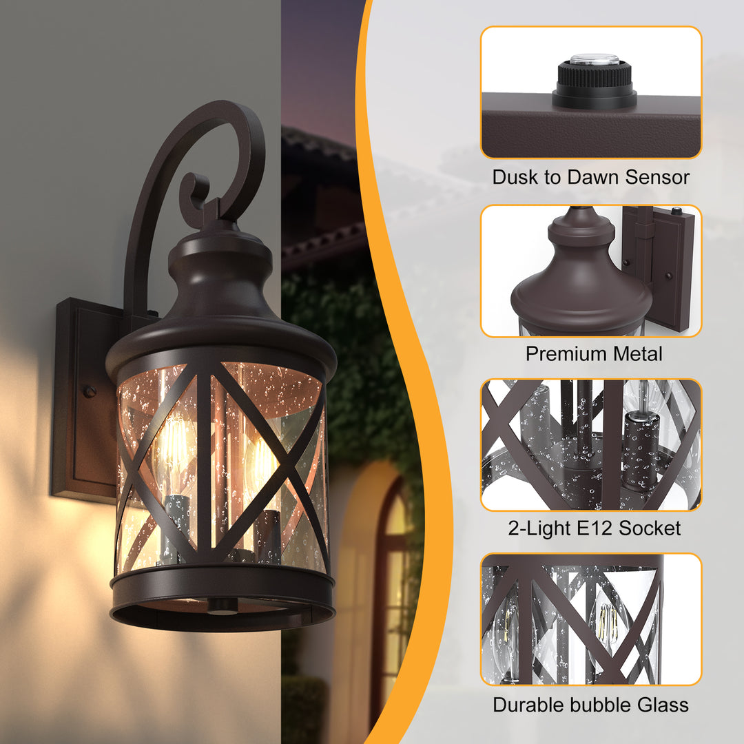 2 - Light 17''H Black Iron and Aluminum Seeded Glass Etl Outdoor Wall Lantern with Dusk to Dawn #7017