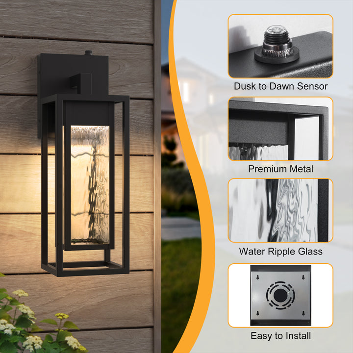 Natura 1 - Light 15''H Dimmable Led Black Iron And Water Ripple Glass Outdoor Wall Light With Dusk To Dawn #7061