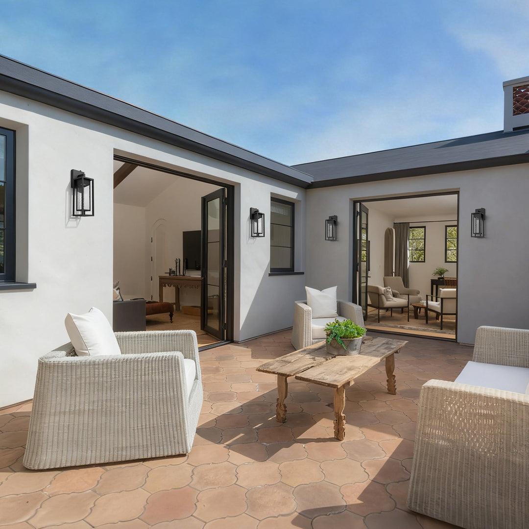 1 - Light 15''H Dimmable Led Black Iron And Water Ripple Glass Outdoor Wall Light With Dusk To Dawn #7061