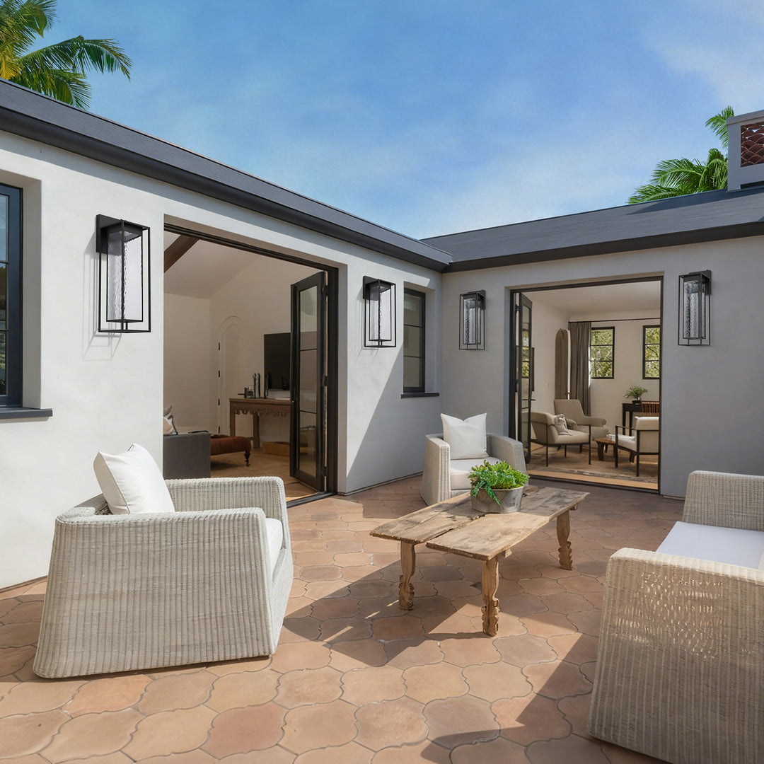 1 - Light 15''H Dimmable Led Black Iron And Water Ripple Glass Outdoor Wall Light With Dusk To Dawn #7061