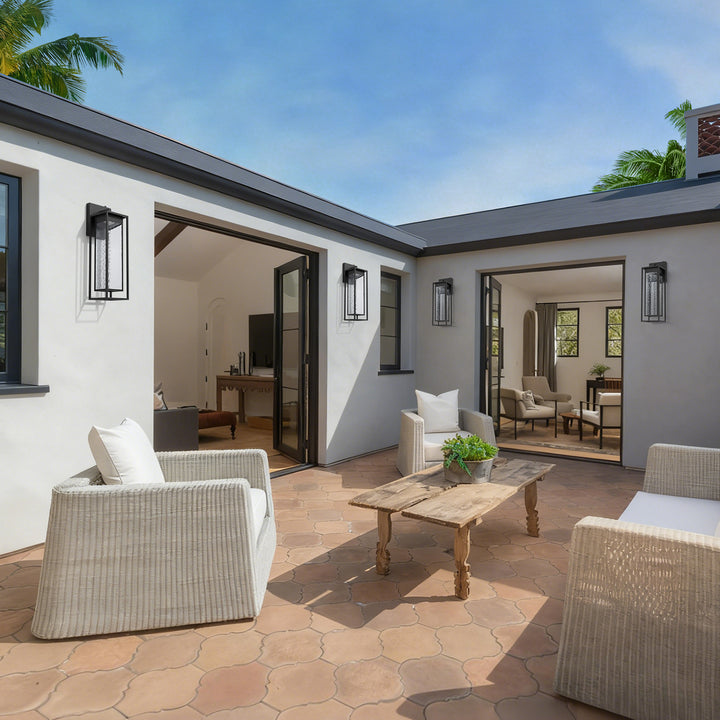 1 - Light 15''H Dimmable Led Black Iron And Water Ripple Glass Outdoor Wall Light With Dusk To Dawn #7061