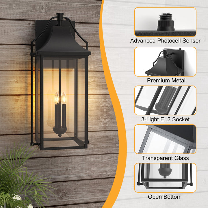 Lawyettle 25" Large Outdoor Wall Lantern, Dusk to Dawn Black 3-Light Sconce with Glass for Front Door, Garage, Porch #7040