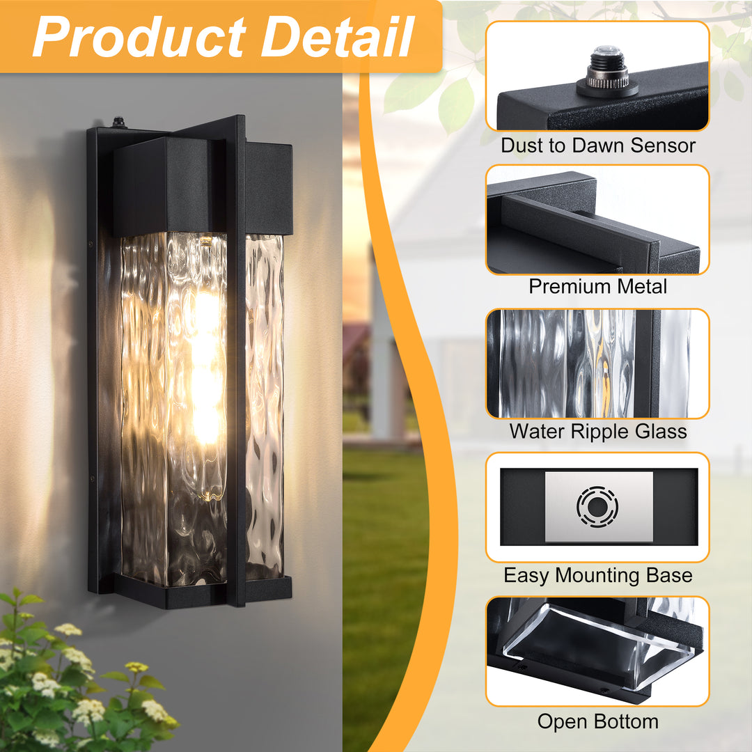 Solstice 1 - Light(Bulb Include) 𝟭𝟴-𝗜𝗡𝗖𝗛 Matte Black Iron and Water Ripple Glass Outdoor Wall Light with Dusk to Dawn #7062