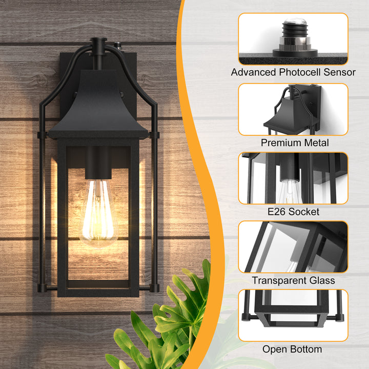 Lawyettle 18" Outdoor Wall Lantern with Dusk to Dawn Sensor, 2-Light Waterproof Brown Wall Sconce with Glass for Porch, Garage, Front Door, Patio #7040