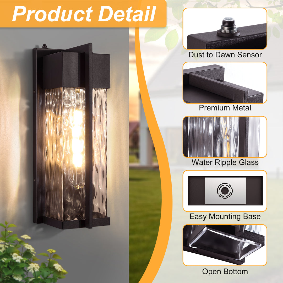 Natura 1 - Light(Bulb Include) 𝟭𝟴-𝗜𝗡𝗖𝗛 Matte Black Iron and Water Ripple Glass Outdoor Wall Light with Dusk to Dawn #7062