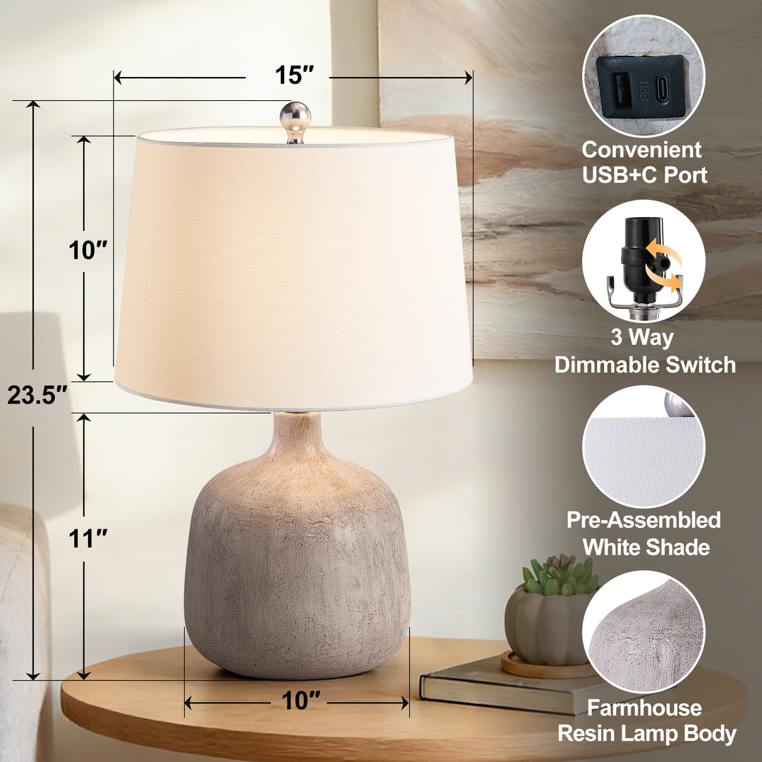 Shimmer 23.5" Farmhouse Resin Table Lamp With Usb And Type C Ports 3 Way Dimmable Rotary Switch Bedside Lamp For Bedroom And Living Room #T275