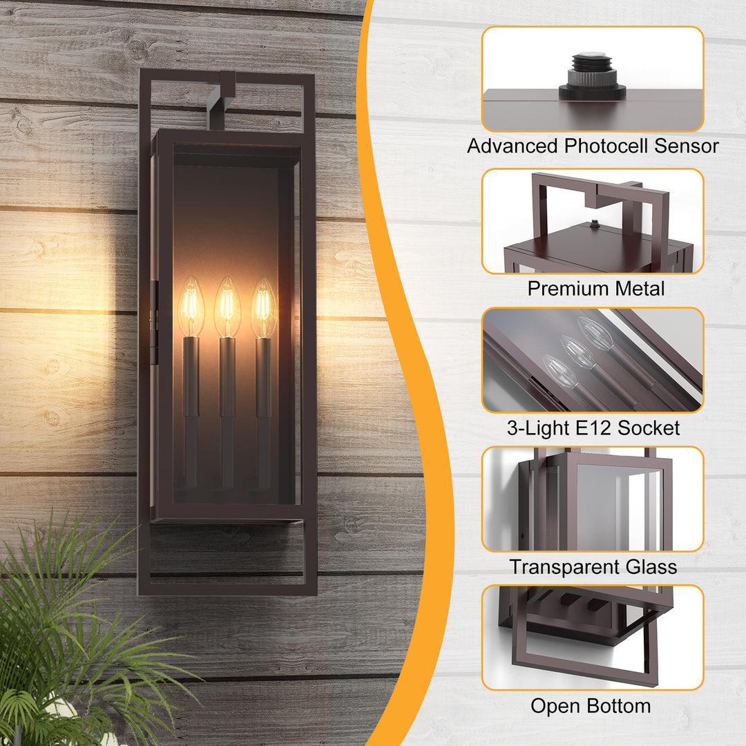 Radiance 3 -Light Steel And Glass Outdoor Wall Light with Dusk to Dawn #7030