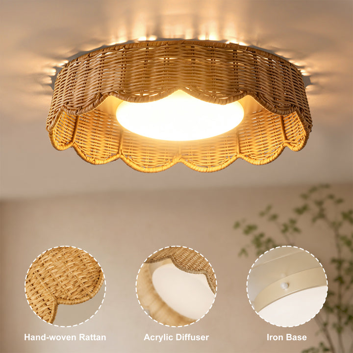 16" Boho Rattan LED Flush Mount Ceiling Light, Dimmable Polished Brass #48011