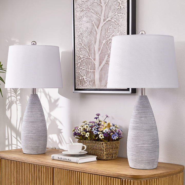 Shimmer 26.5" Farmhouse Traditional Resin Table Lamp, Assembled Linen Shade And Rotary Switch Bedside Lamps For Bedroom And Living Room (Set of 2) #T276