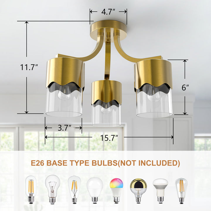 Glimmer 15.75 "- 3 Lights Modern Cluster Brushed Brass/Matte Black/Brushed Nickel Semi Flush Mount Lighting Fixture For Hallway/Laundry Room #29036
