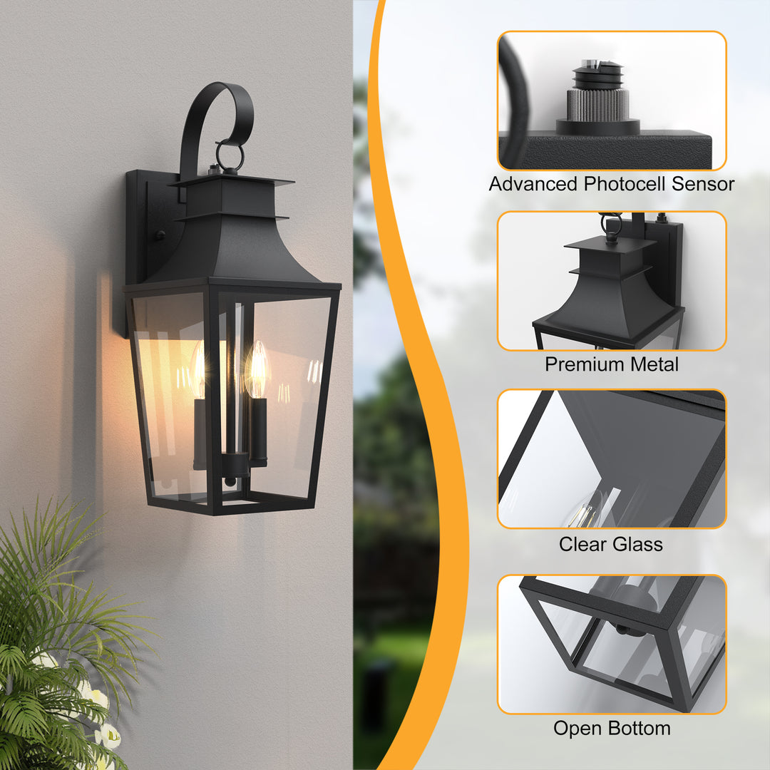 Tempered Glass Outdoor Wall Light With Dusk To Dawn #7060-2BK