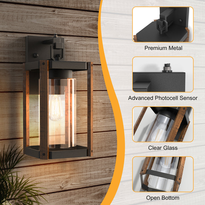 1-light 13''H Black And Wood Grain Iron Etl Outdoor Wall Lantern with Dusk to Dawn #7051