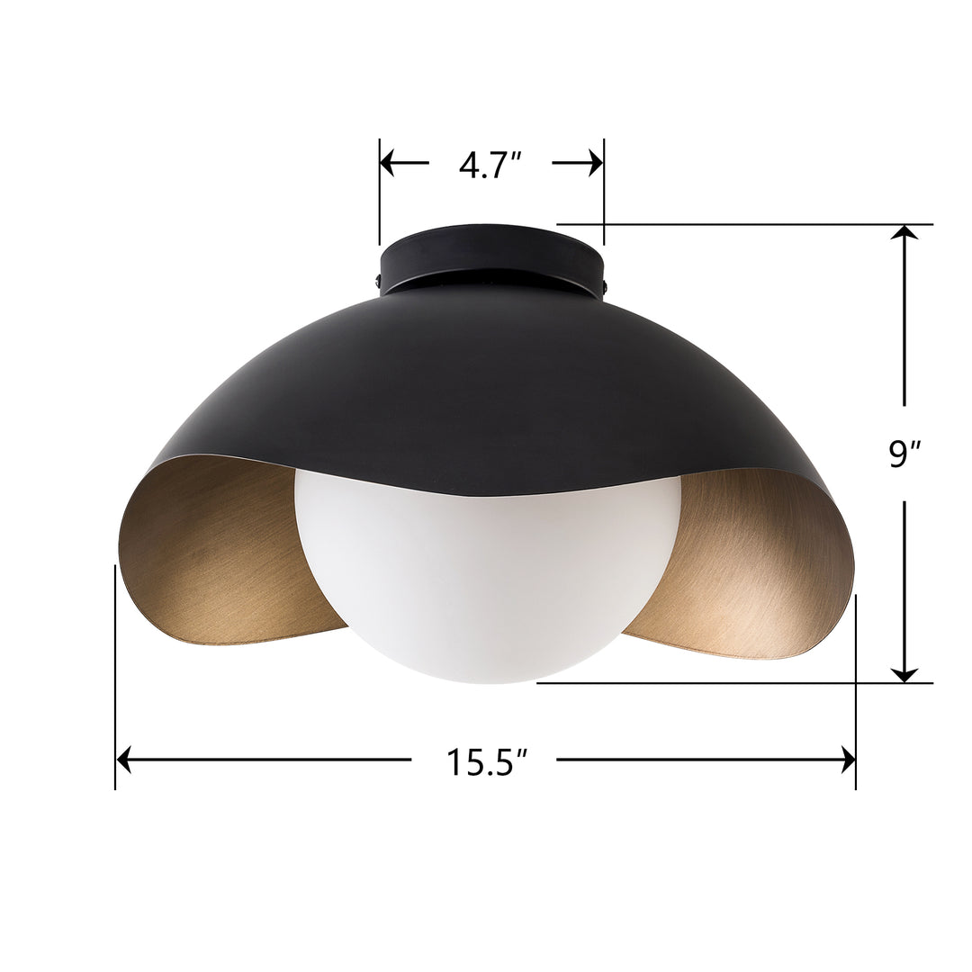 Nimbus 15.5" 1-Light Modern Globe Flush Mount Ceiling Light With Opal Glass, Matte Black/White Exterior & Gold Interior Shell-Style Dimmable Shade For Bedroom Or Hallway #29029