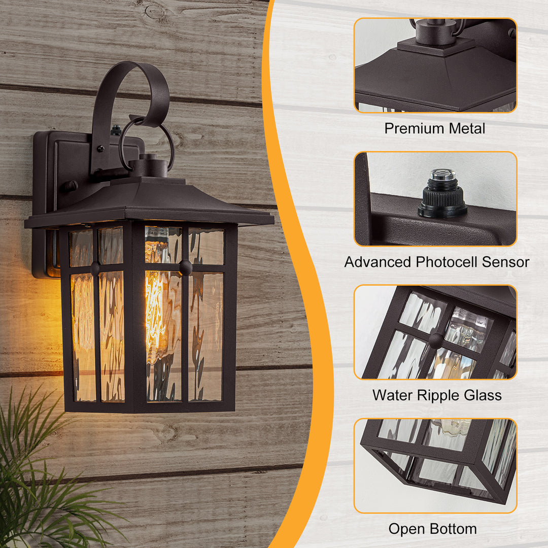 Maxax 2 Pack Dusk to Dawn Outdoor Wall Lights, Exterior Light Fixtures Wall Mount with Ripple Glass, Waterproof Black Porch Lights, Outside Wall Lantern for Entryway, Garage, Patio #MX7003