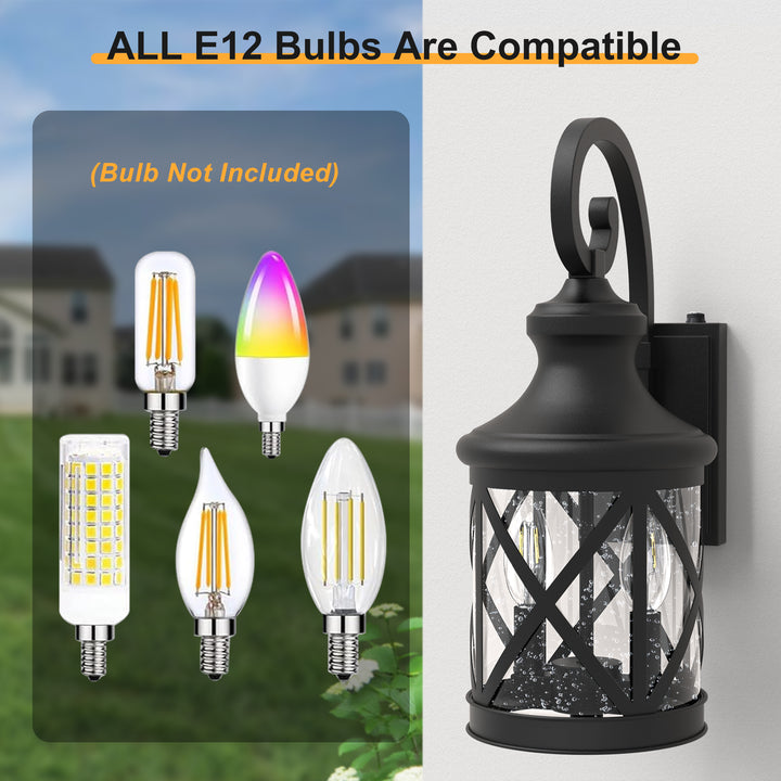 2 - Light 17''H Black Iron and Aluminum Seeded Glass Etl Outdoor Wall Lantern with Dusk to Dawn #7017