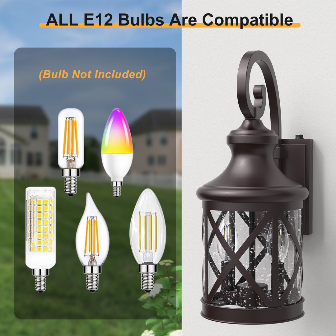 2 - Light 17''H Black Iron and Aluminum Seeded Glass Etl Outdoor Wall Lantern with Dusk to Dawn #7017