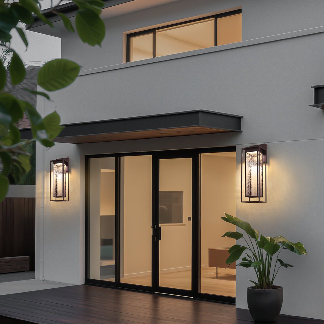 Natura 1 - Light 15''H Dimmable Led Black Iron And Water Ripple Glass Outdoor Wall Light With Dusk To Dawn #7061