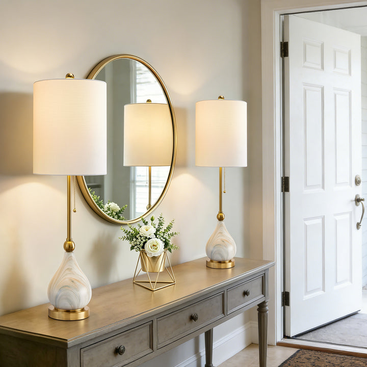 33" Modern Glam Ceramic Table Lamp With Pre-assembled Shade And Pull Chain For Bedroom Living Room #T293