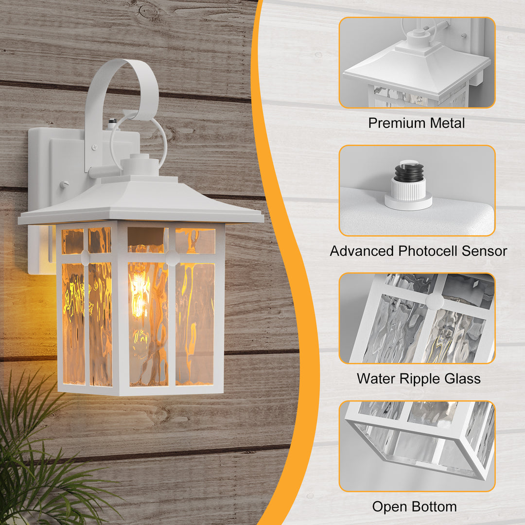 Maxax 2 Pack Dusk to Dawn Outdoor Wall Lights, Exterior Light Fixtures Wall Mount with Ripple Glass, Waterproof Black Porch Lights, Outside Wall Lantern for Entryway, Garage, Patio #MX7003