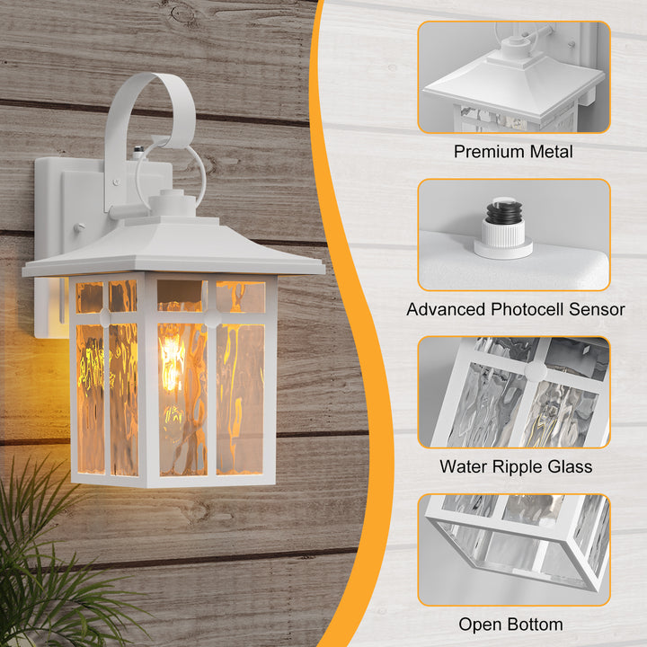 Maxax 2 Pack Dusk to Dawn Outdoor Wall Lights, Exterior Light Fixtures Wall Mount with Ripple Glass, Waterproof Black Porch Lights, Outside Wall Lantern for Entryway, Garage, Patio #MX7003